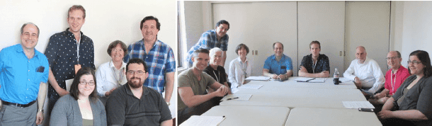 MusicalWriters.com panel "Inside New York Musical Theatre Festival and Other Festivals" - July 2015. Front row: Jessica and Jared Field; Back row: Eric Sirota, Matt Gurren, Carol de Giere, William Squier. Right: Audience members and panelists.