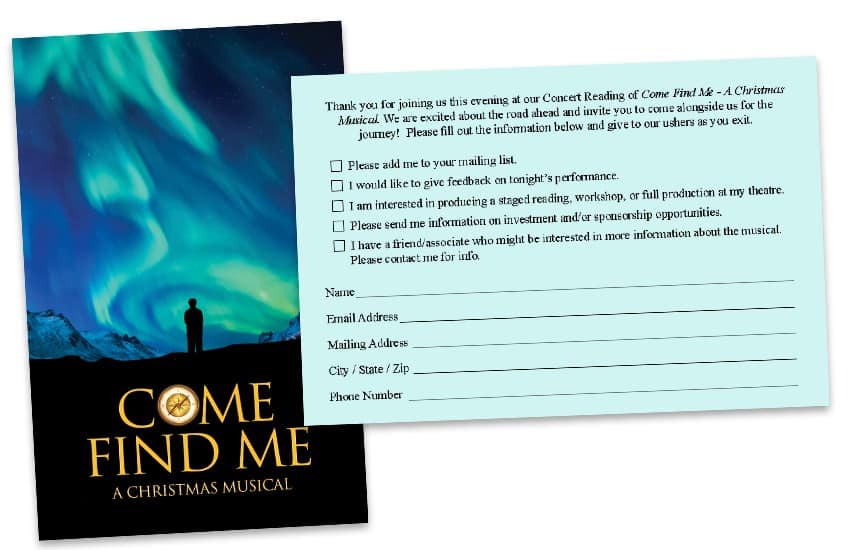Come Find Me A Christmas Musical audience feedback survey card