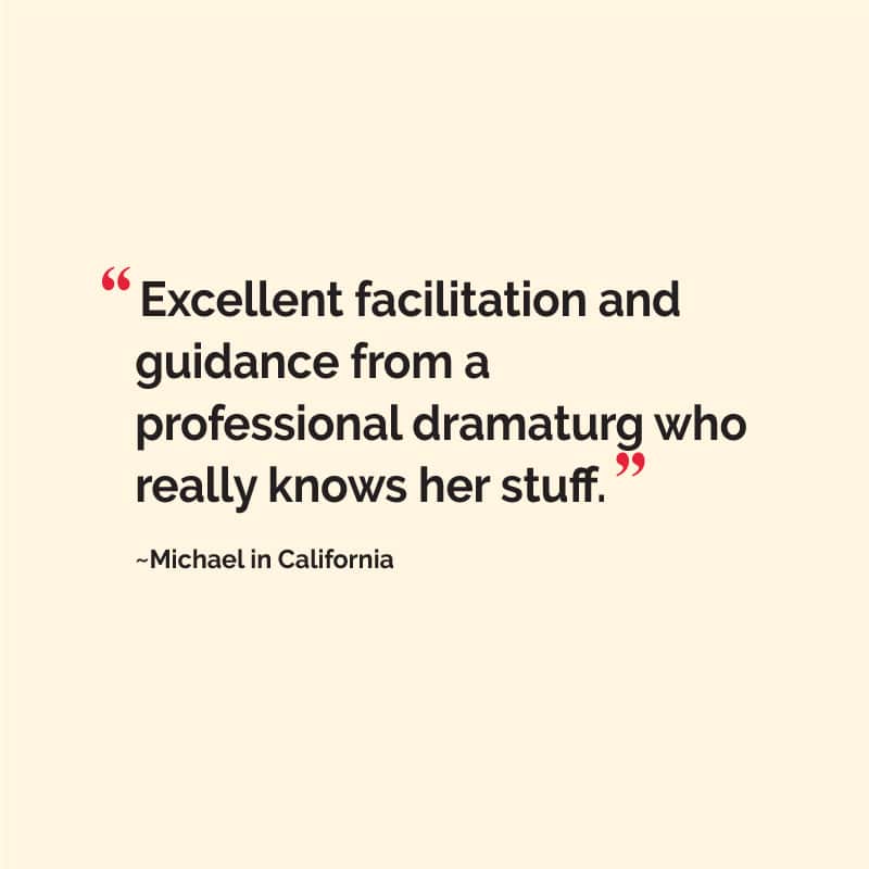 “Excellent facilitation and guidance from a professional dramaturg who really knows her stuff.” ~Michael in California
