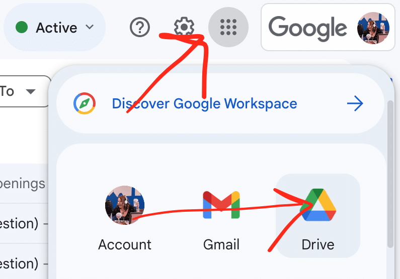 Opening Google Drive for sharing media files by clicking on the 9-dot icon in the upper right hand corner of a Gmail screen