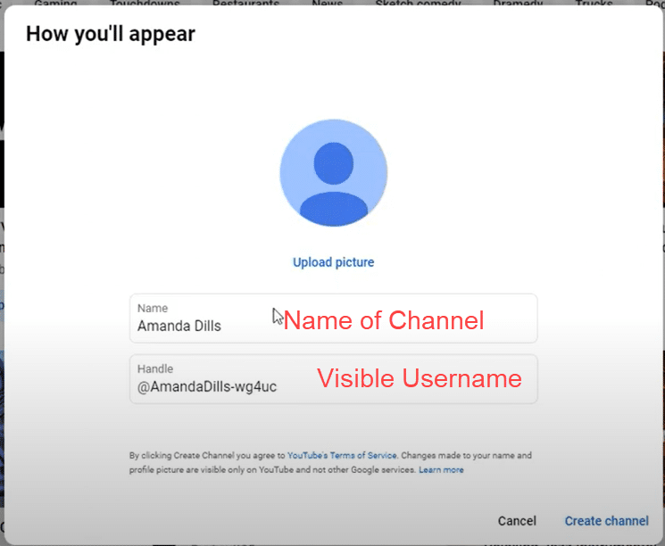 A screenshot showing the pop up screen where you select your Name of Channel and YouTube "handle"