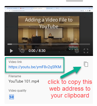 Screenshot showing how to copy the link to published YouTube video to your computer's clipboard
