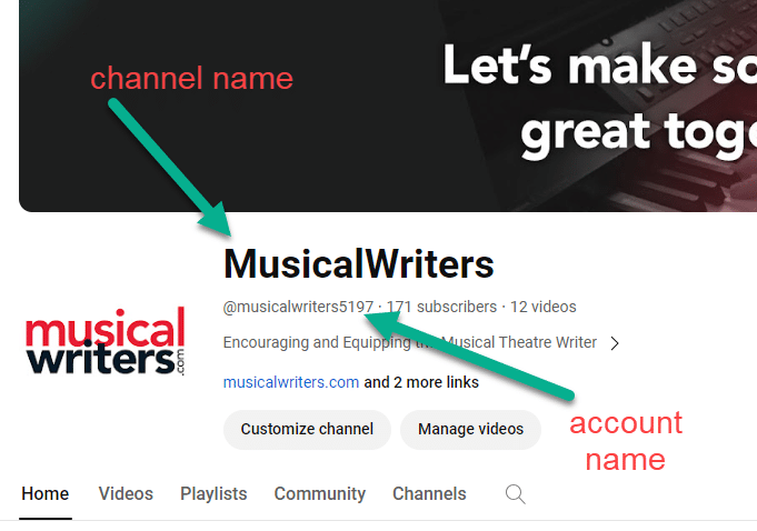 Screenshot of the MusicalWriters YouTube page. it shows points out the channel name and the account name.