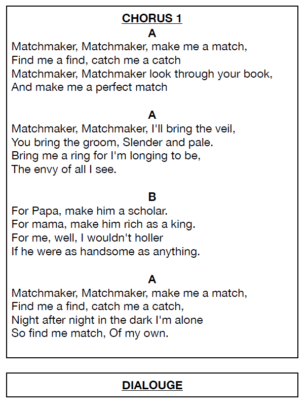 Lyrics from "Matchmaker," divided to show form, part 1