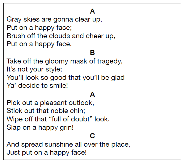 Lyrics for Put on a Happy Face, divided to show form