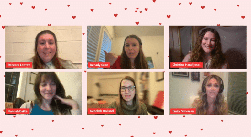 MusicalWriters members and CEO appeared in a virtual webinar where they talked about their first hand experiences producing cabaret or concert versions of their musicals in NYC. Clockwise: Rebecca Lowrey, Kenady Sean, Christine Hand Jones, Emily Simonian, Rebekah Holland, and Hannah Bakke