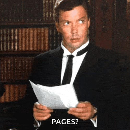 humorous gif of Tim Curry flipping pages in the movie Clue