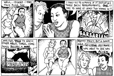 A character in "Dykes to Watch Out For" explains the rules that later came to be known as the Bechdel Test (1985). Source: wikipedia