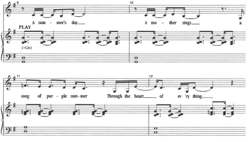 portion of the piano vocal score for Purple Summer from Spring Awakening